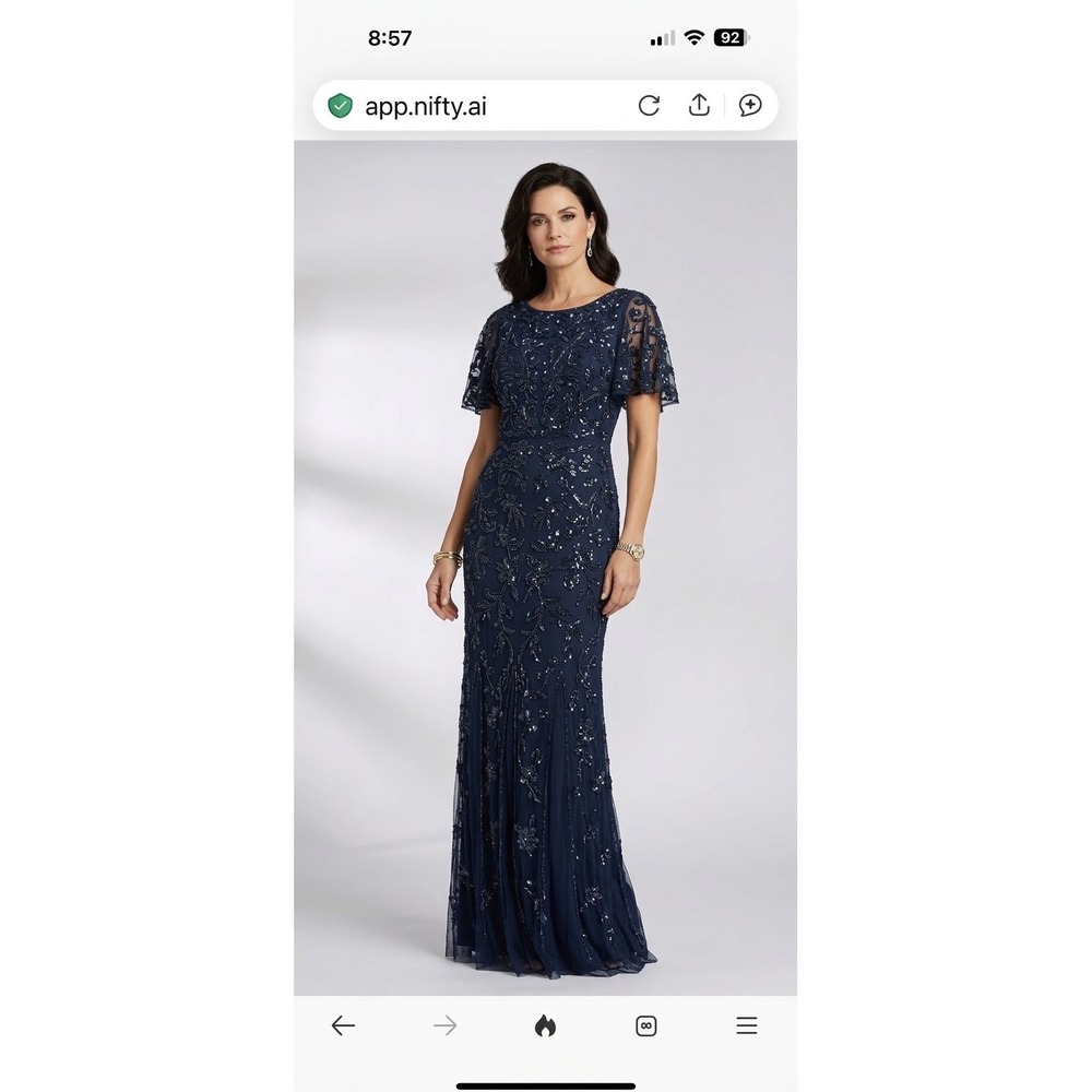Mac Duggal Women 16W Navy Blue Floral Beaded Flutter Sleeve Maxi Formal Gown